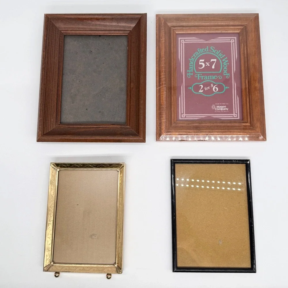Mixed Lot of 4 Picture Frames Wood Gold Tone Metal Black 5x7 and Small Vintage